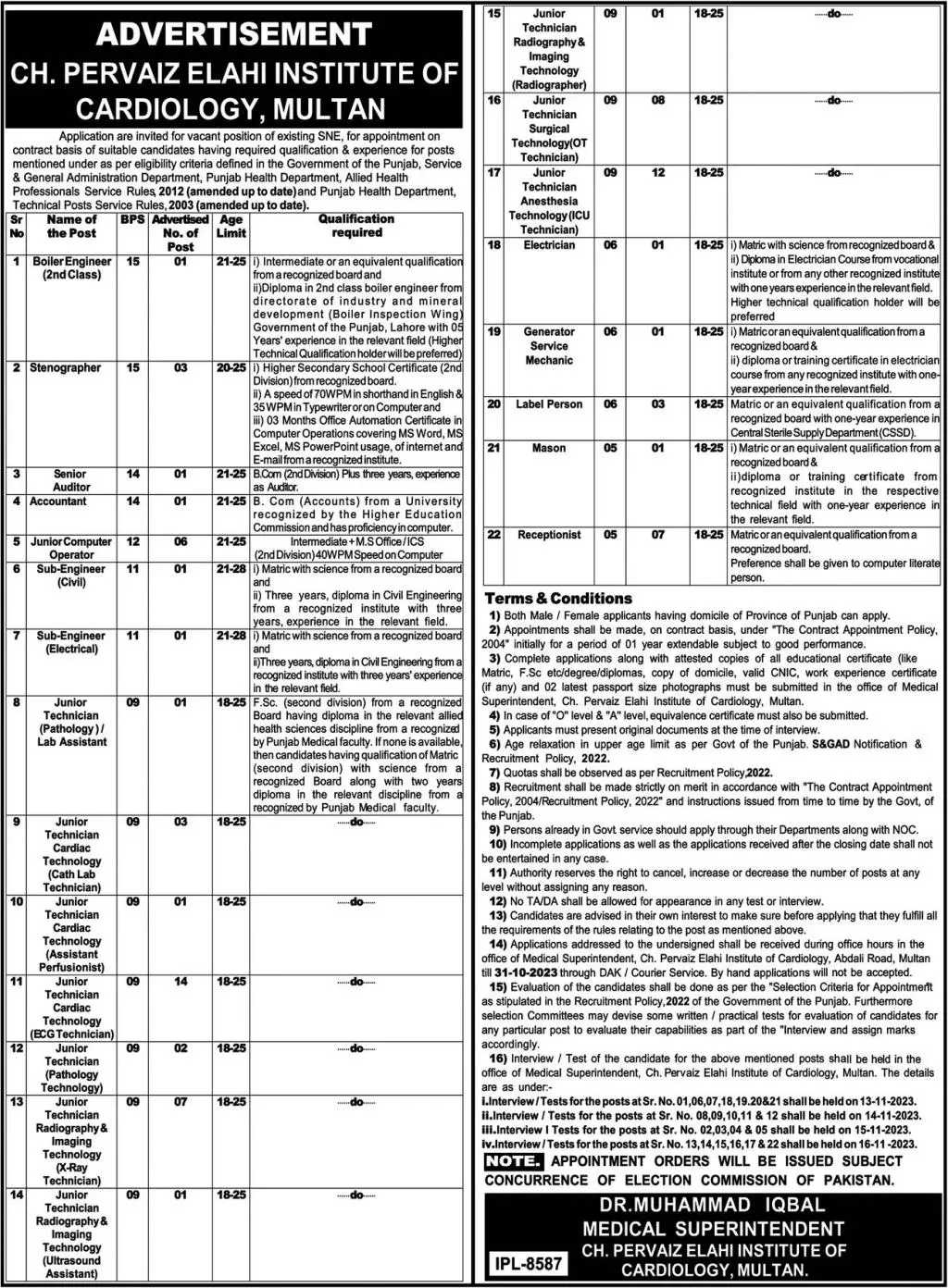 Chaudhry Pervaiz Elahi Institute Of Cardiology Multan Jobs Jobs 2023 — original advertisement