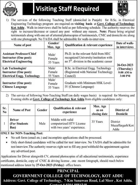 Government college of Technology Kot Addu Jobs 2023 – Govt of Punjab Jobs 2023 — original advertisement