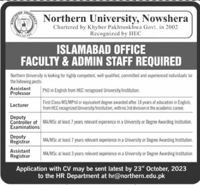 Northern University Nowshera Khyber Pakhtunkhwa Jobs 2023 Jobs 2023 — original advertisement
