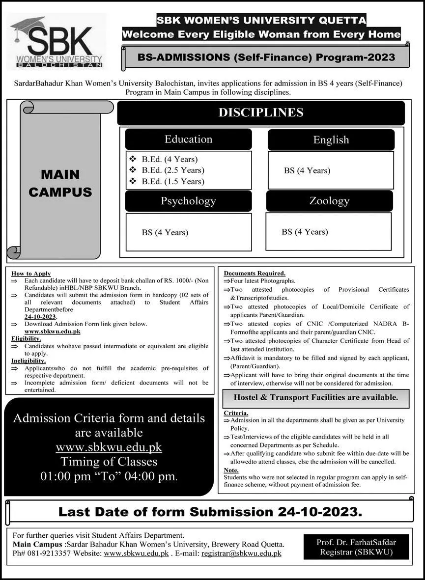 Sardar Bahadur Khan Womens' University Admissions 2023 – Sardar Bahadur Khan Women's University Quetta Admissions 2023 — original advertisement