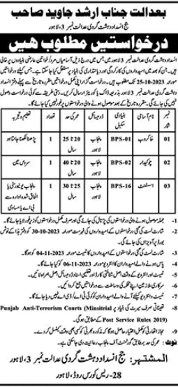 Anti Terroism Court Lahore Punjab Jobs 2023 – Anti Terrorism Court Jobs 2023 — original advertisement