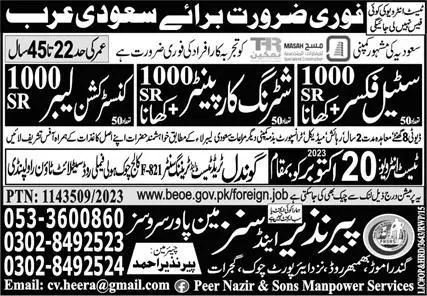 Shuttering Carpenter & Construction Labor Jobs 2023 – Peer Nazir and Sons Manpower Services Jobs 2023 — original advertisement