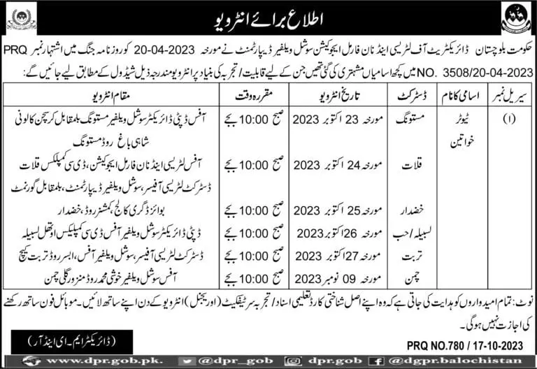 Social welfare department Balochistan Jobs Interviews 2023 – Social Welfare Departmen Balochsitan Jobs 2023 — original advertisement