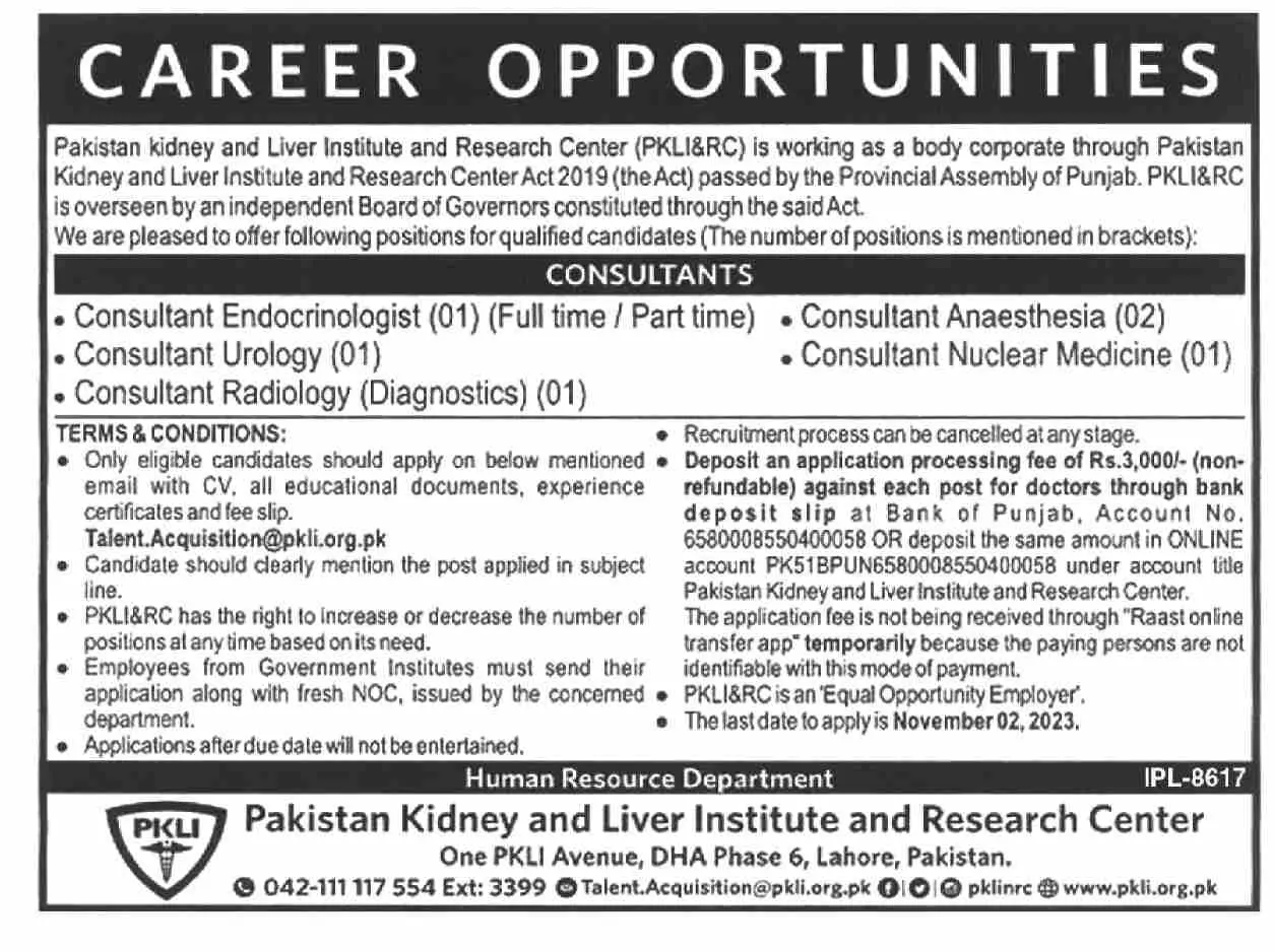 Pakistan Kidney & Liver Institute and Research Centre Jobs – Pakistan Kidney And Liver Institute (PKLI) And Research Centre Lahore Jobs 2023 — original advertisement