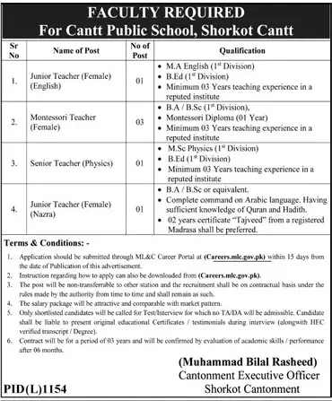 Cantt Public School Shorkot Cantt Jobs 2023 – Federal Govt Educational Institutes Cantts and Garrisons Jobs 2023 — original advertisement