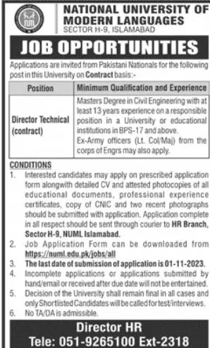 National University of Modern Languages NUML Islamabad Jobs – National University of Modern Languages Islamabad Jobs 2023 — original advertisement