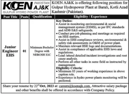 KOEN AJ&K Azad Jammu Kashmir Jobs 2023 – KOEN Azad Jammu And Kashmir Jobs 2023 — original advertisement