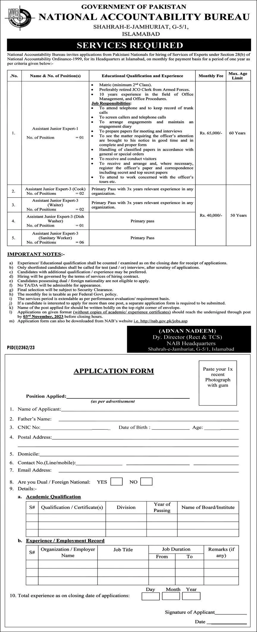 National Accountability Bureau NAB Islamabad Jobs 2023 – National Accountability Bureau (NAB) Jobs 2023 — original advertisement