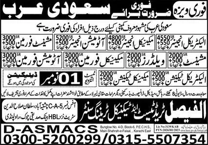 Automation Engineer & Machinist Foreman Jobs 2023 – Al Faisal Trade Test & Technical Training Center Jobs 2023 — original advertisement