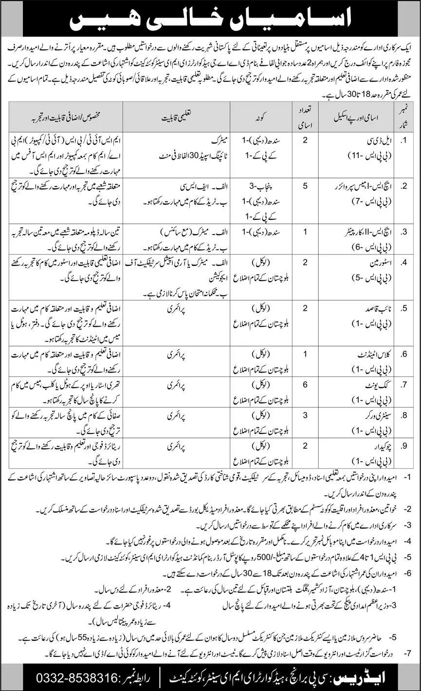 Headquarter EME Center Quetta Cantt Jobs 2023 – Pakistan Army Jobs 2023 — original advertisement