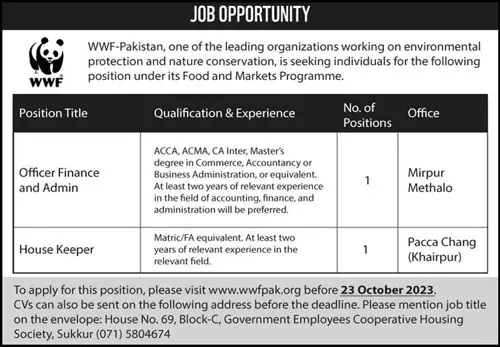 World Wide Fund wwf Pakistan Sindh Jobs 2023 Jobs 2023 — original advertisement