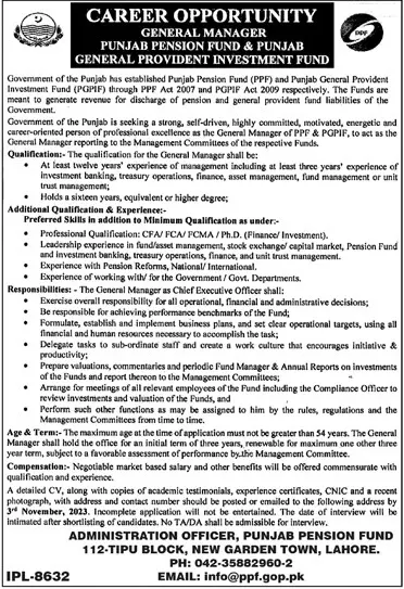 Punjab Pension Fund PPF Lahore Punjab Jobs 2023 – Finance Department Punjab Jobs 2023 — original advertisement