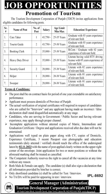 Tourism Development Corporation TDCP Lahore Jobs 2023 – Tourism Development Corporation of Punjab Jobs 2023 — original advertisement