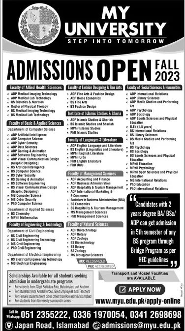My University Islamabad Admissions 2023 Admissions 2023 — original advertisement