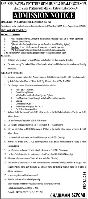 Sheikha Fatima Institute Of Nursing And Allied Admissions – Sheikha Fatima Institute Of Nursing And Allied Health Sciences Admissions 2023 — original advertisement