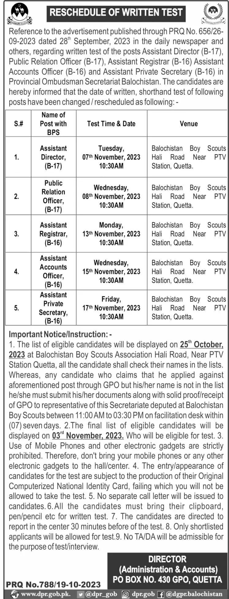 Written Test For Jobs At Provincial Ombudsman Secretariat – Provincial Ombudsman Mohtasib Secretariat Balochistan Jobs 2023 — original advertisement