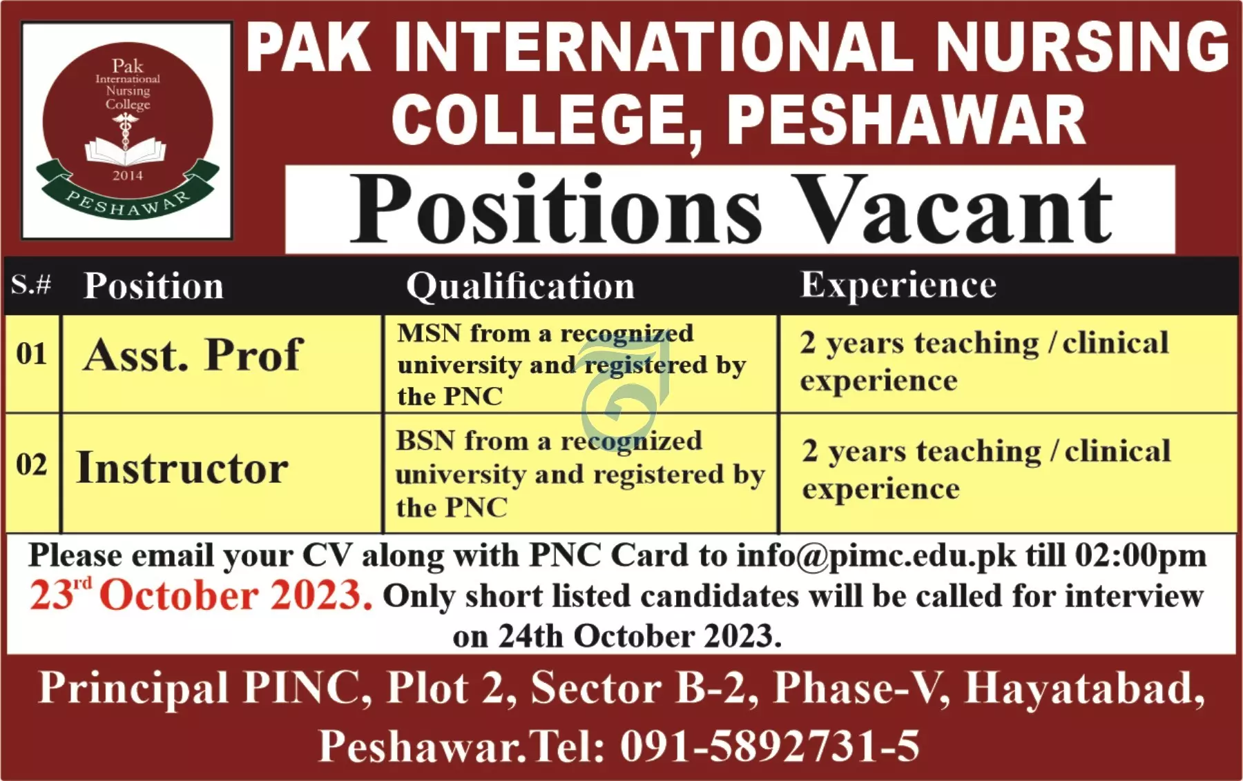 Pak International Nursing College Peshawar Jobs 2023 Jobs 2023 — original advertisement
