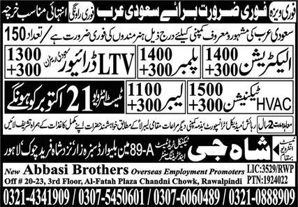 HVAC Technician & Plumber Jobs 2023 In Saudi Arabia – Shah G Technical Trade Test & Training Center Jobs 2023 — original advertisement