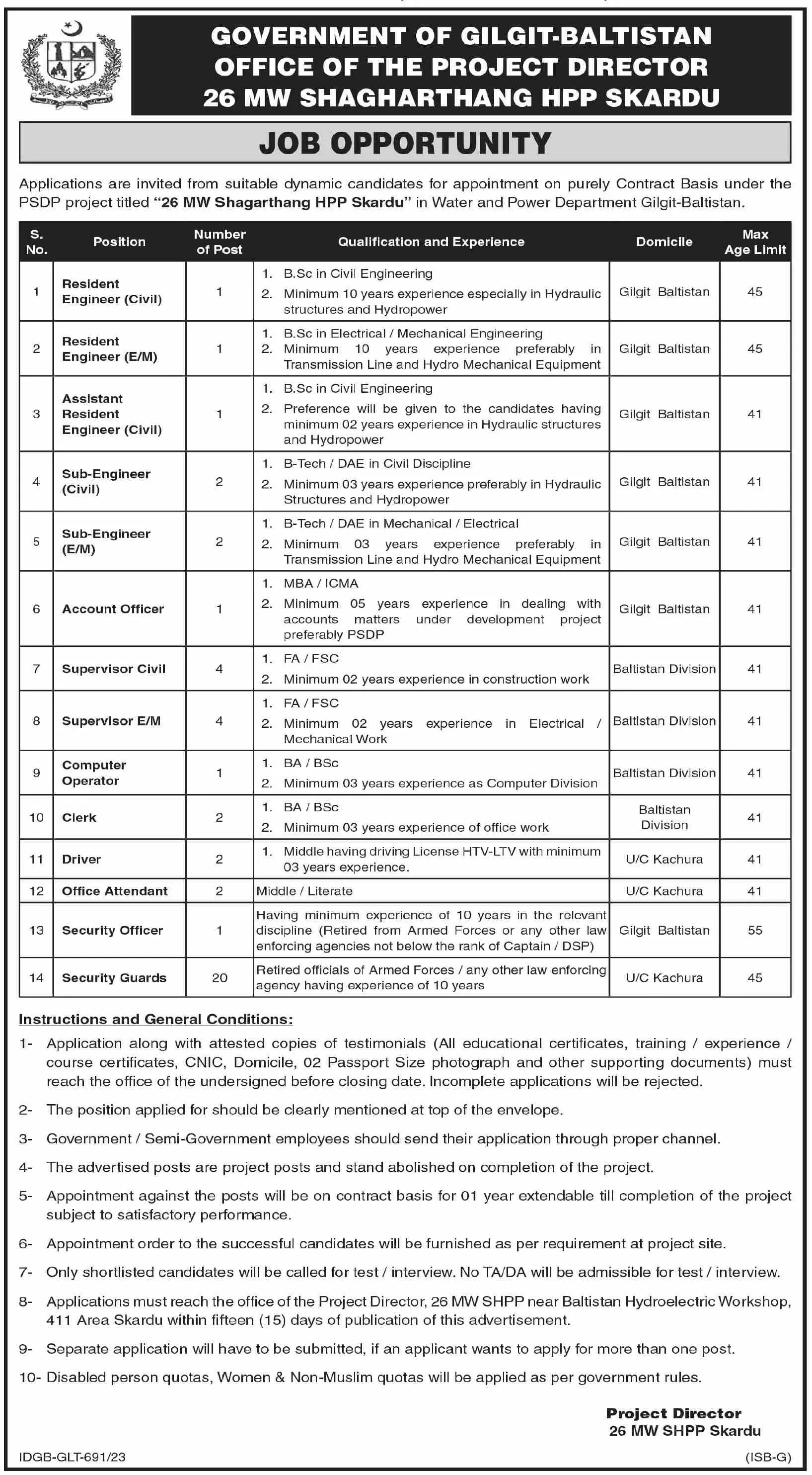 26 MW Shagarthang HPP Skardu Gilgit Baltistan Jobs 2023 – Water and Power Development Authority Jobs 2023 — original advertisement