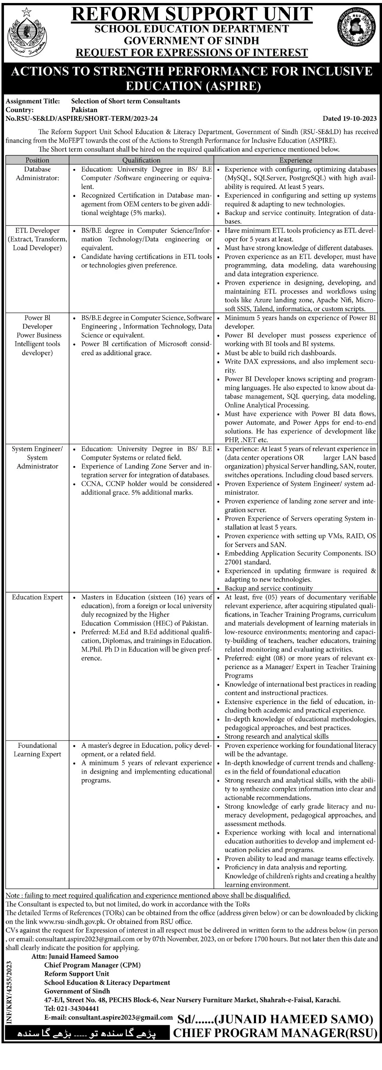 School Education Department  Karachi Jobs 2023 – School Education & Literacy Department Sindh Jobs 2023 — original advertisement
