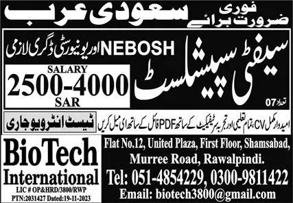 Safety Specialist Jobs Open In Saudi Arabia 2023 – Bio Tech International Overseas Promoter Jobs 2023 — original advertisement
