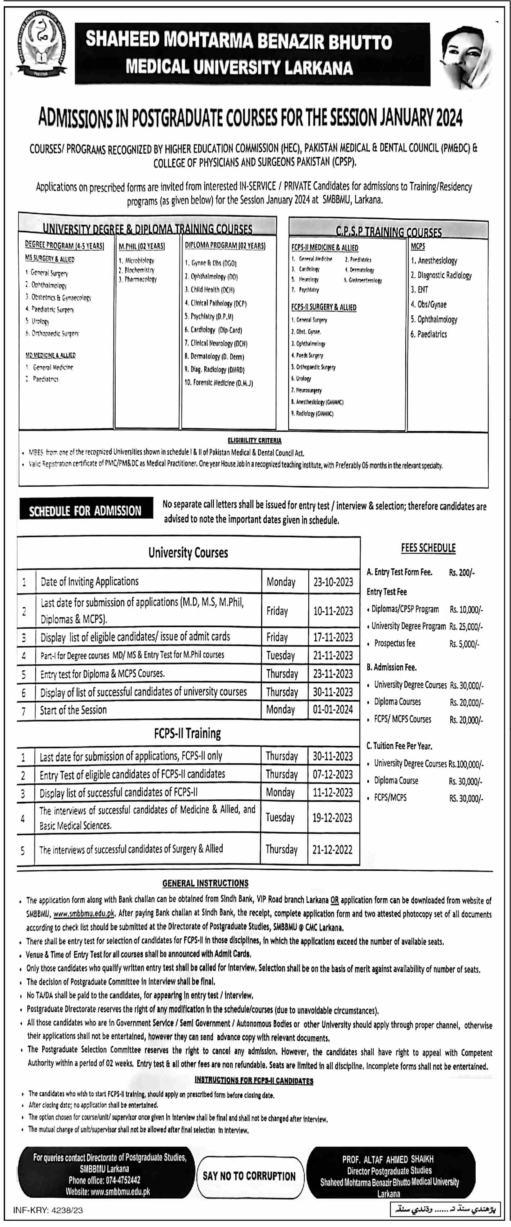 Shaheed Mohtarma Benazir Bhutto Medical University Admission – Shaheed Mohtarma Benazir Bhutto Medical University Larkana Admissions 2023 — original advertisement