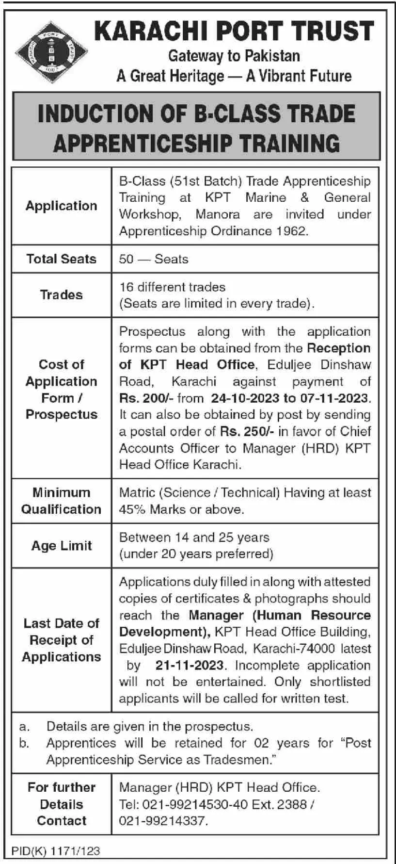 Induction of B class Trade Apprenticeship Training – Karachi Port Trust KPT Jobs 2023 — original advertisement