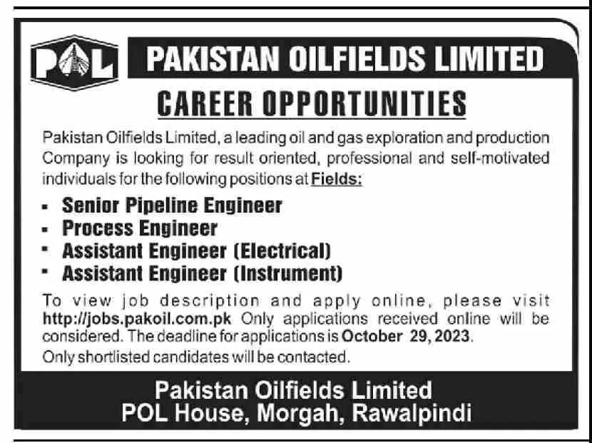 Pakistan OilFirlds Limited Rawalpindi Jobs 2023 – Pakistan Oilfields Limited Jobs 2023 — original advertisement