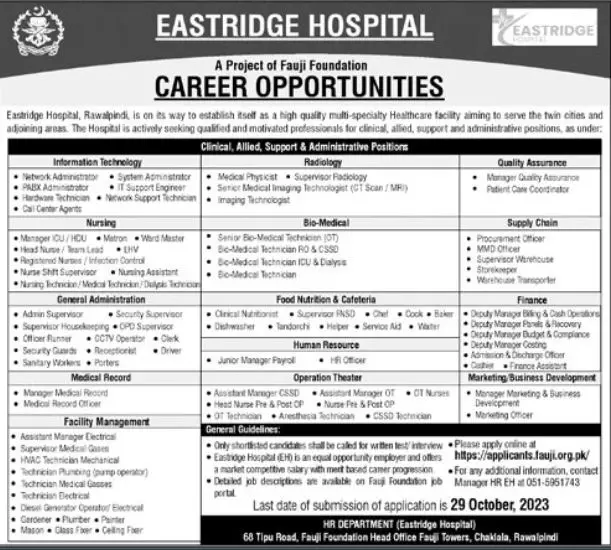 Fauji Foundation Eastridge Hospital Rawalpindi Jobs 2023 – Fauji Foundation Rawalpindi Jobs 2023 — original advertisement
