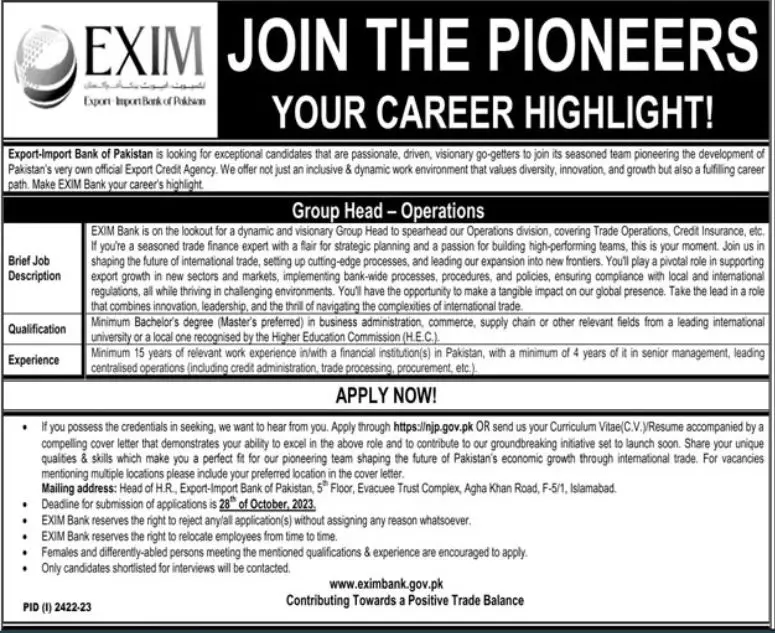 Export Import Bank Of Pakistan EXIM Karachi Jobs 2023 – export import of pakistan Jobs 2023 — original advertisement