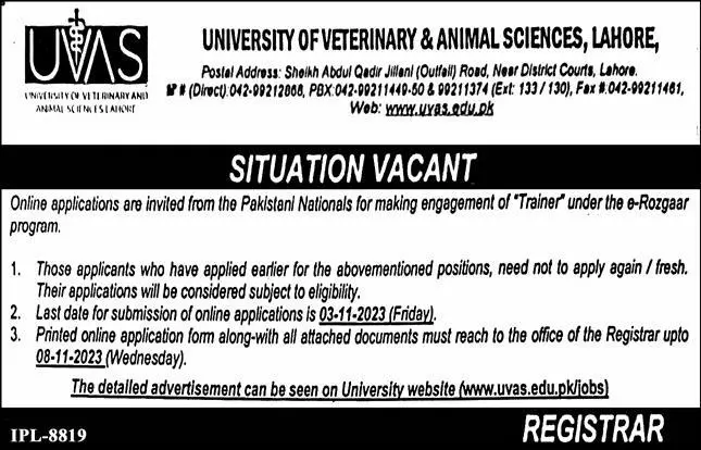 University of Veterinary and Animal Sciences UVAS Jobs 2023 – University of Veterinary and Animal Sciences Lahore Jobs 2023 — original advertisement