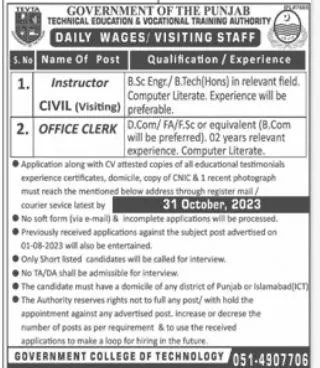 Government College Of Technology GCT Rawalpindi Jobs 2023 – Government College Of Technology For Women Jobs 2023 — original advertisement