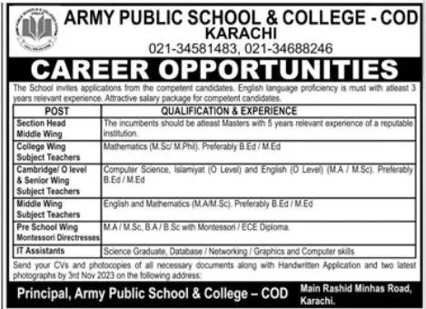 Army Public School Karachi Sindh Jobs 2023 – Army Public School & College Paksitan Jobs 2023 — original advertisement