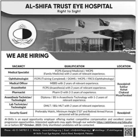 Al Shifa Trust Eye Hospital Rawalpindi Jobs 2023 – Shifa International Hospital Islamabad Jobs 2023 — original advertisement