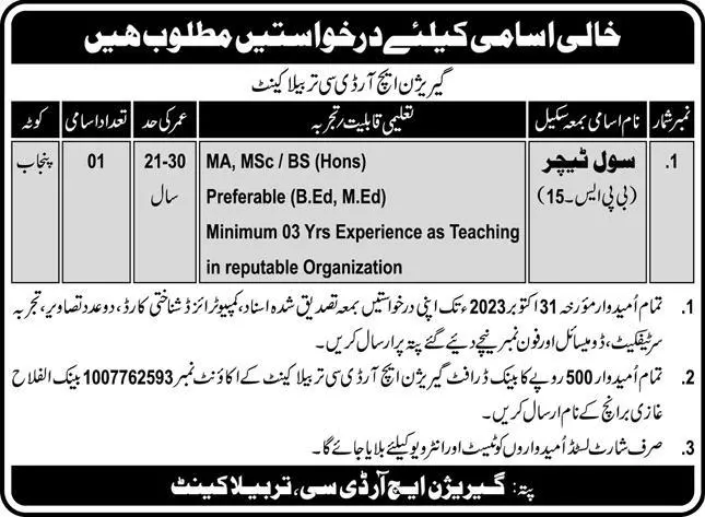Garrison HRDC Tarbela Cantt Jobs 2023 – Pakistan Army Jobs 2023 — original advertisement