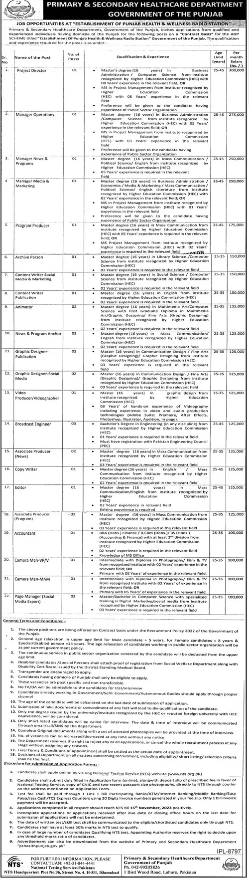Primary and Secondary Healthcare Department Punjab Jobs 2023 – Health Department Punjab Jobs 2023 — original advertisement