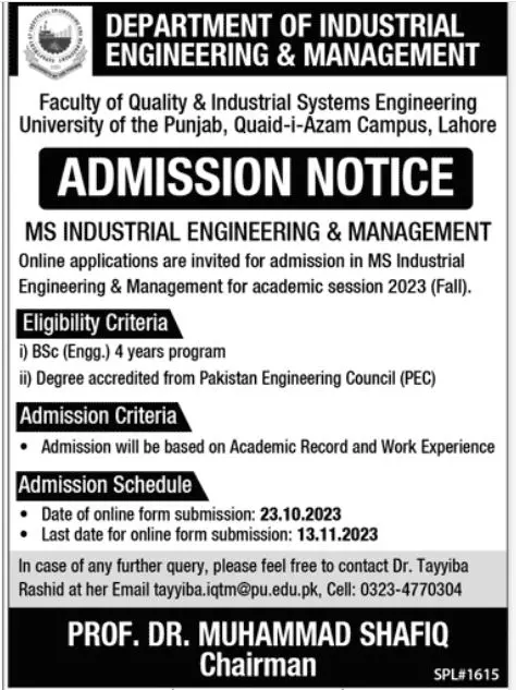 University of Punjab Quaid -i-Azam Campus Lahore Admissions Admissions 2023 — original advertisement