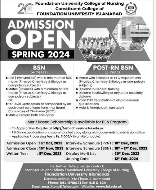 Foundation University Islambad Admissios Open Spring 2024 – Foundation University islamabad Jobs 2023 — original advertisement