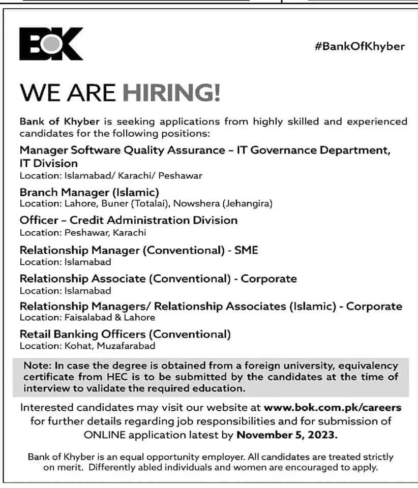 Bank of Khyber Peshawar khyber Pakhtunkhwa Jobs 2023 Jobs 2023 — original advertisement