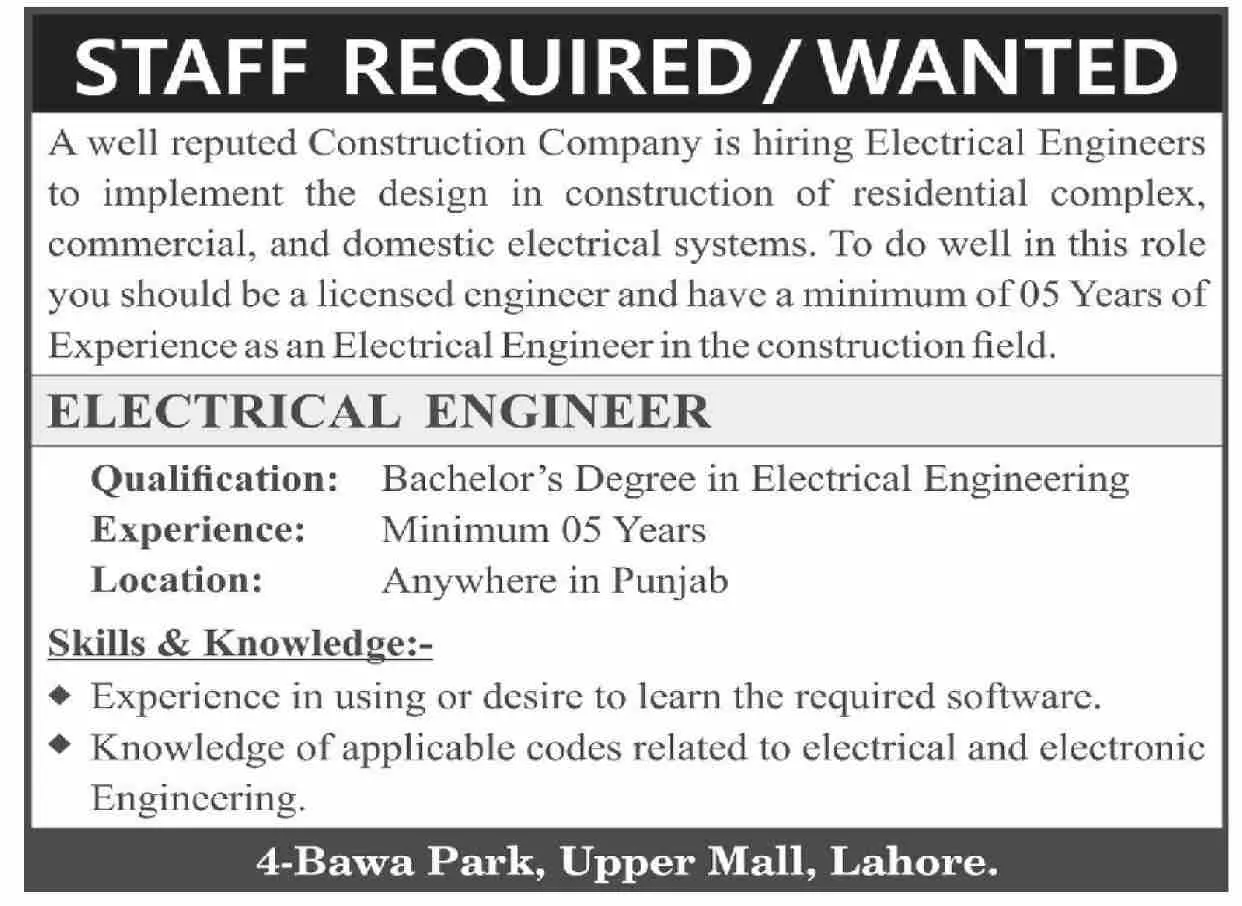 Well Reputed Construcation Company Lahore Jobs 2023 – Private Company Jobs 2023 — original advertisement