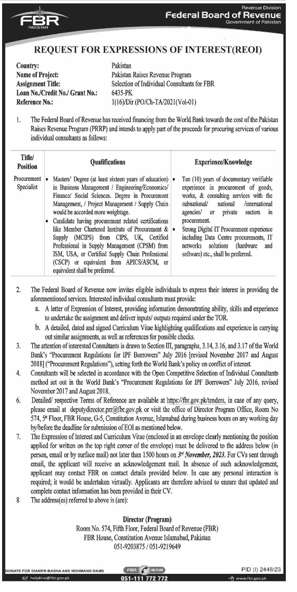 Federal Board Of Revenue FBR Islamabad Job 2023 Jobs 2023 — original advertisement
