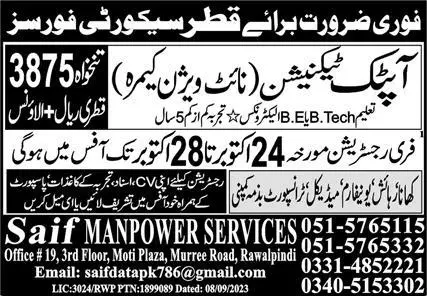 Optic Technician Jobs 2023 In Qatar Security Forces – Saif Manpower Services Jobs 2023 — original advertisement