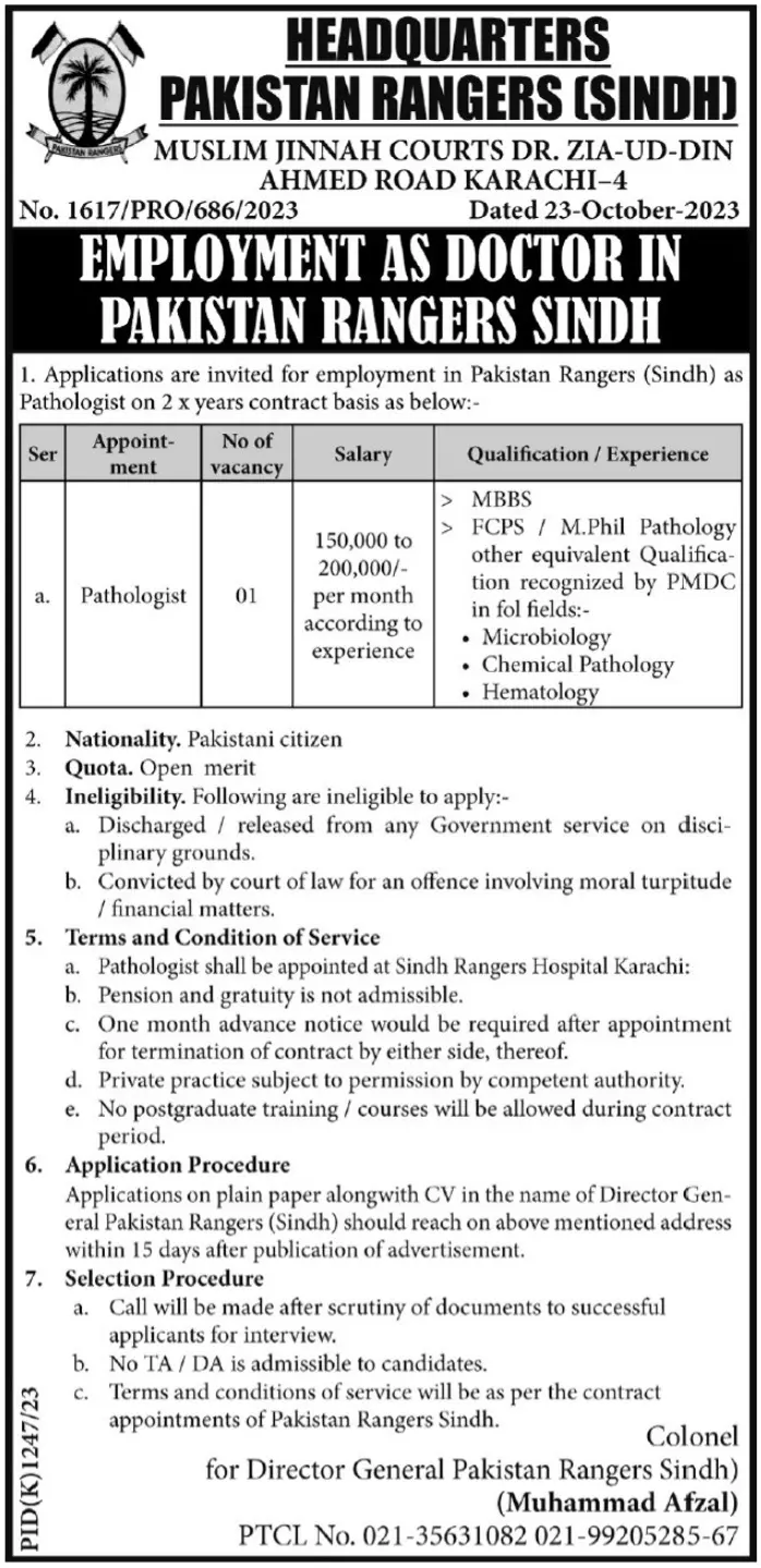 Pakistan Rangers Karachi, Sindh Jobs 2023 – Sindh Rangers Jobs 2023 — original advertisement
