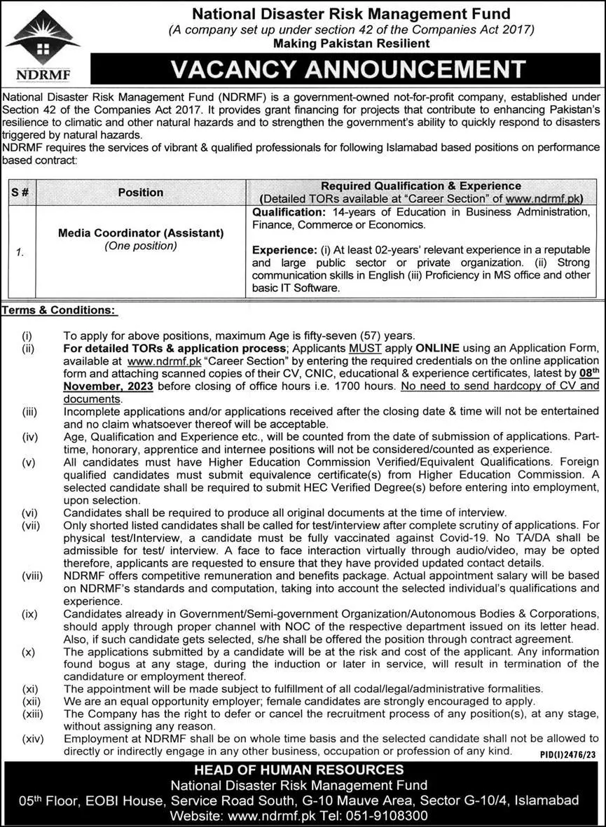 National Disaster Risk Management Fund NDRMF Islamabad Jobs – National Disaster & Risk Management Fund Jobs 2023 — original advertisement