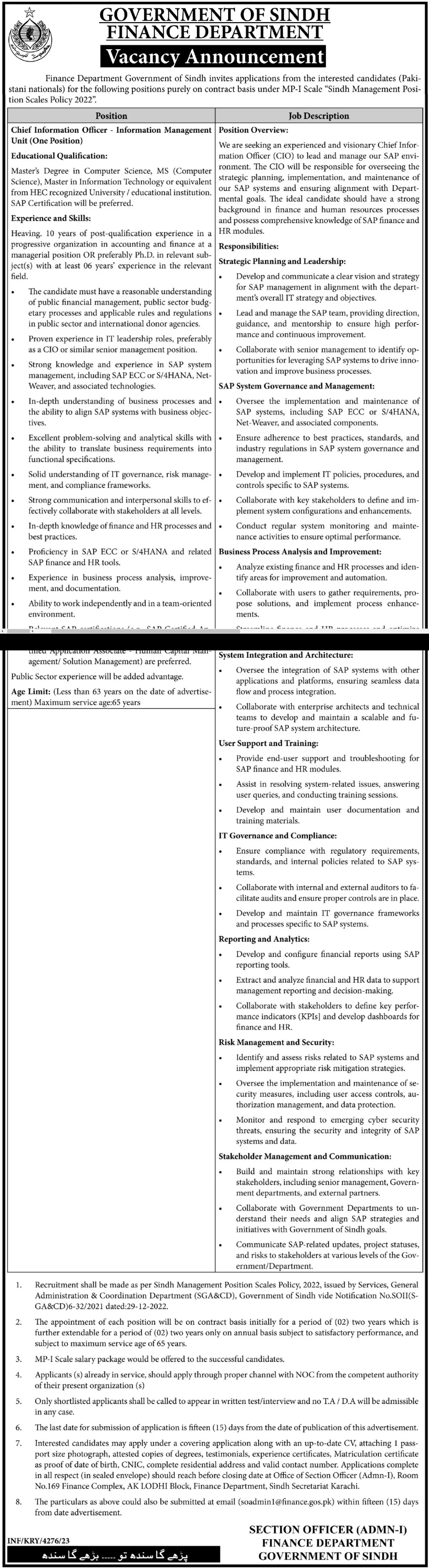 Finance Department Karachi Sindh Jobs 2023 – Finance Department Govt of Sindh Jobs 2023 — original advertisement