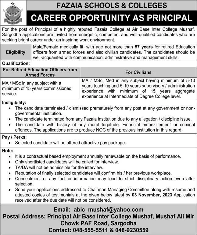Fazaia Schools & Colleges Sargodha  Punjab Jobs 2023 Jobs 2023 — original advertisement