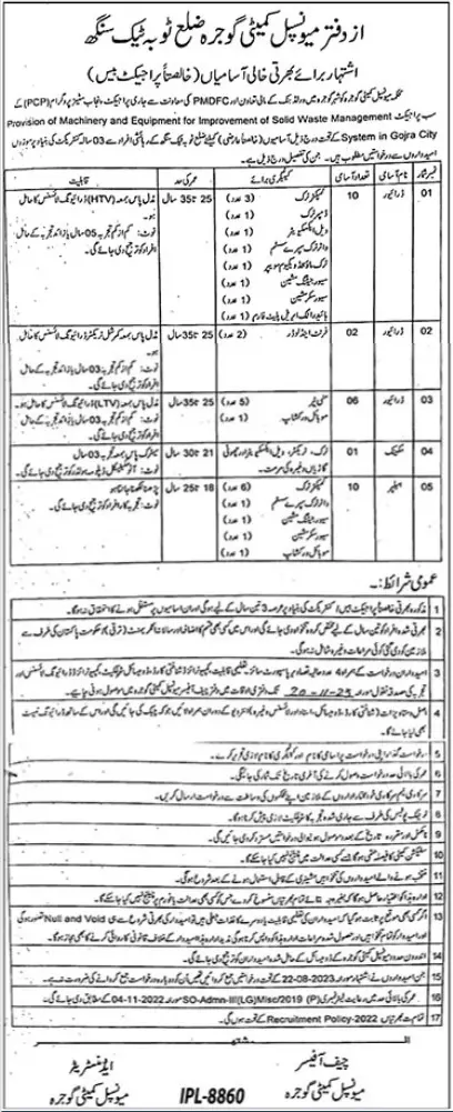 Municipal Committee Gojra Sindh Jobs 2023 – Muncipal Commette Jobs 2023 — original advertisement