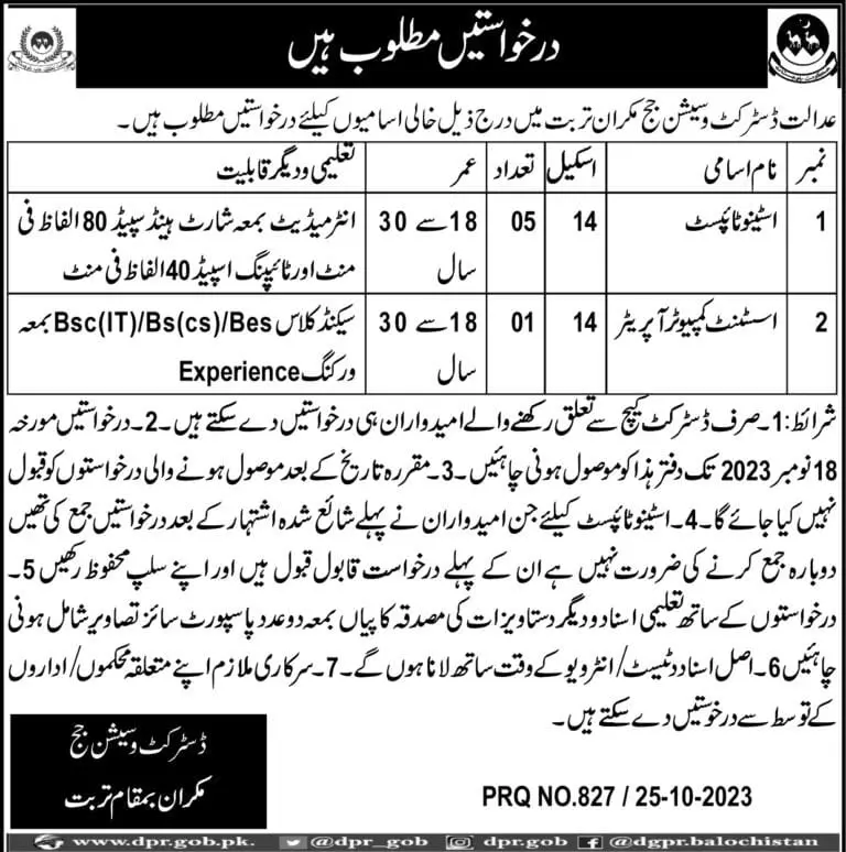 District and Session Judge Makran Turbat Jobs 2023 – District & Session Judge Jobs 2023 — original advertisement