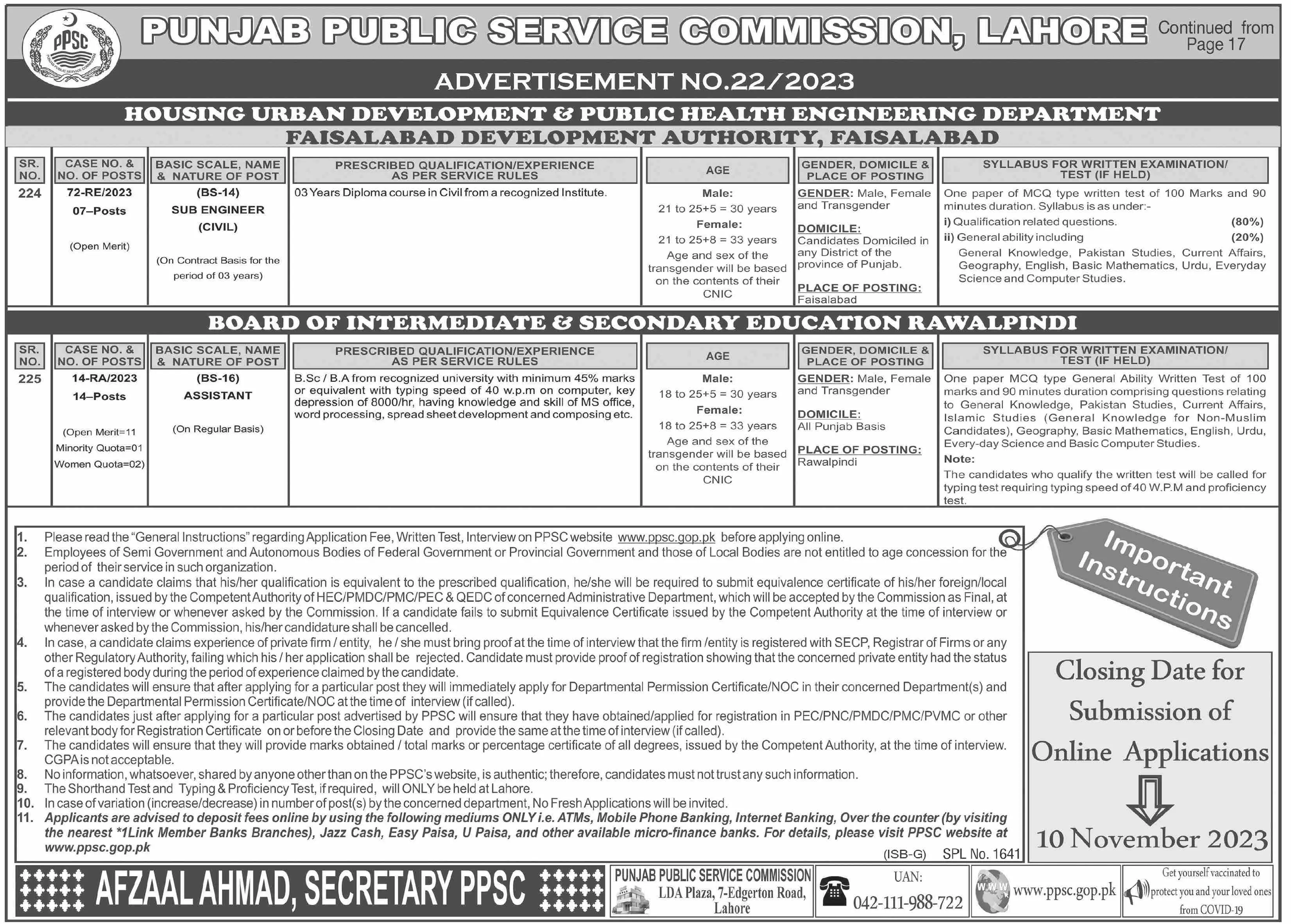 Punjab Public Service Commission PPSC Lahore Jobs 22/2023 – Punjab Public Service Commission Lahore Jobs 2023 — original advertisement