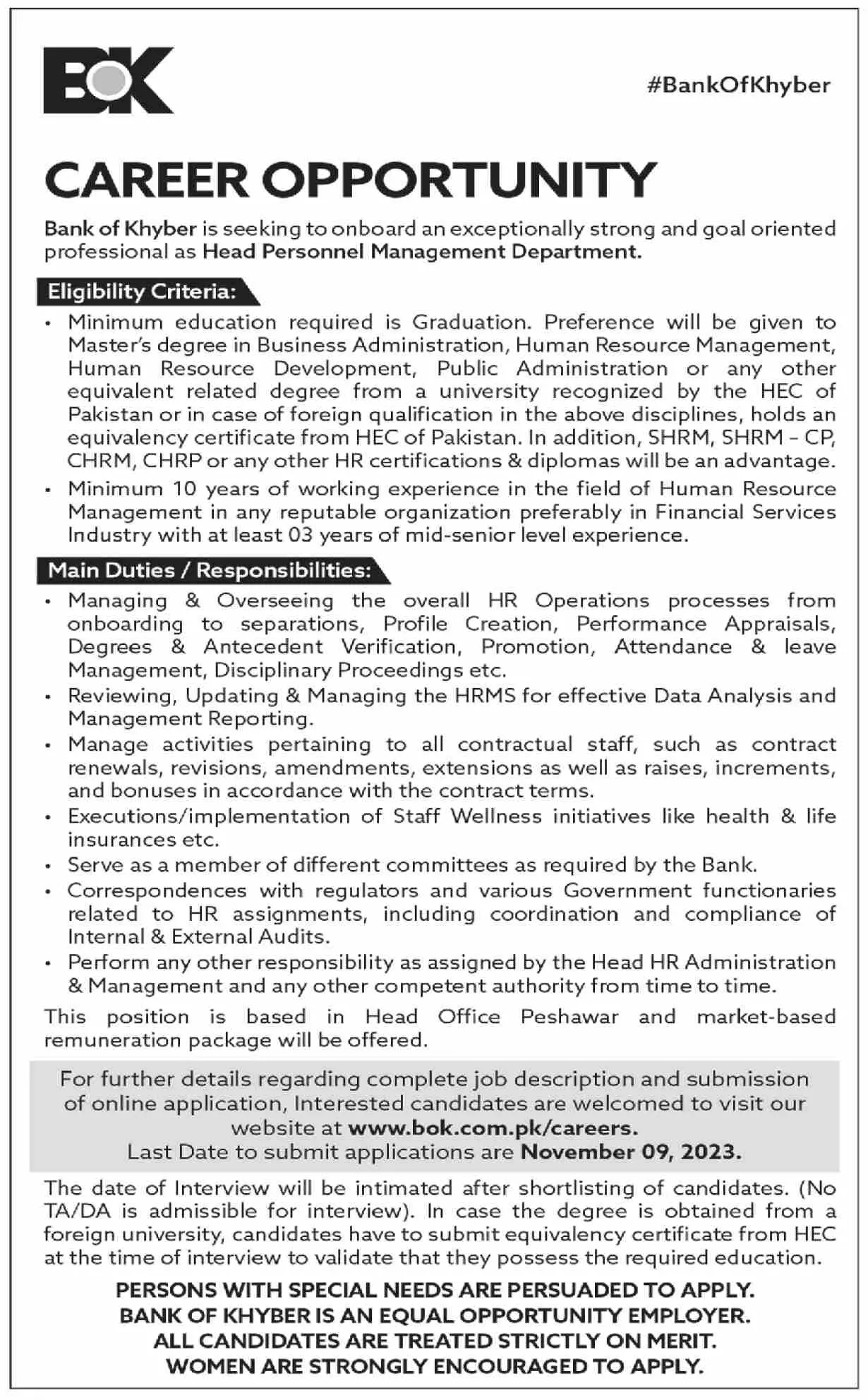 The Bank of Khyber BOK Peshawar Jobs 2023 Jobs 2023 — original advertisement